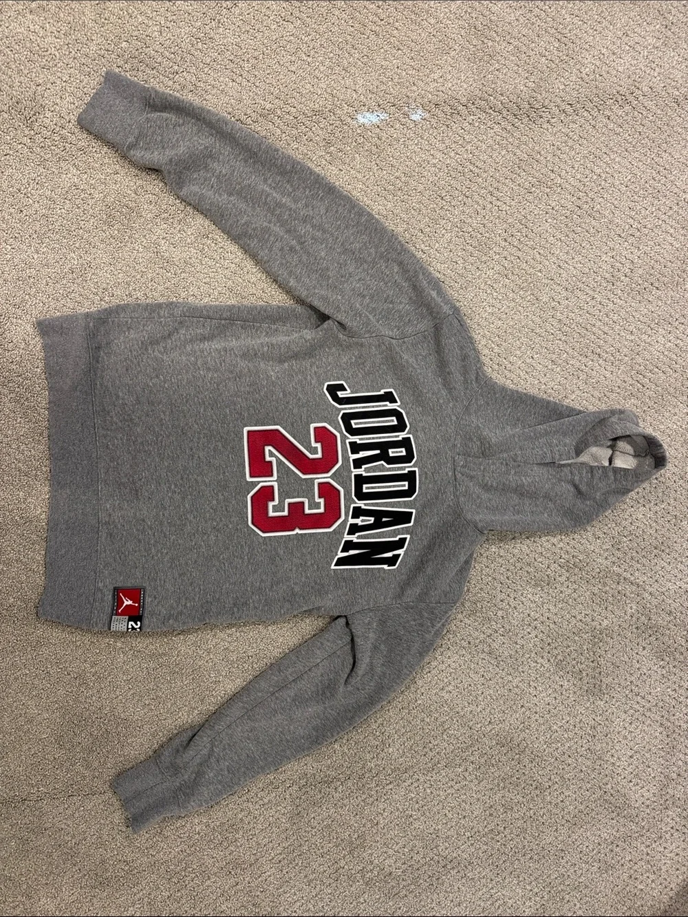 Jordan Youth Gray Hooded Sweatshirt with Red 23 and Black Lettering
